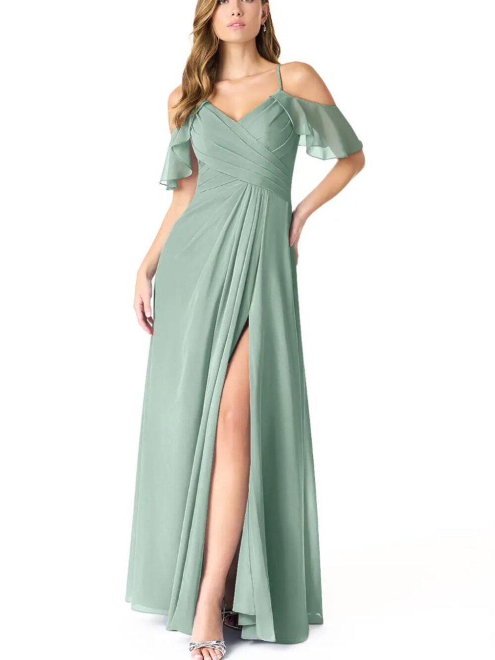 Azazie Dakota  Agave A-Line V-Neck Pleated Chiffon Dress Size 4